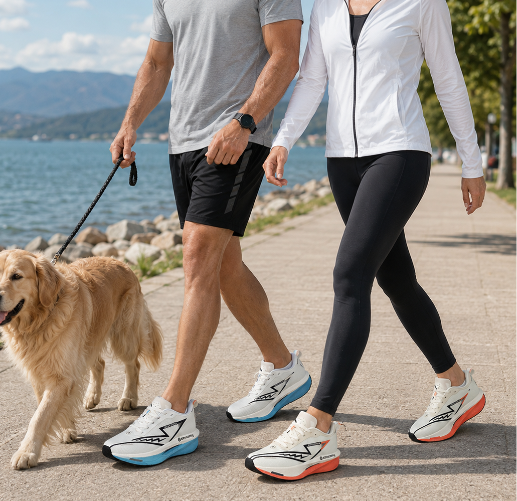 A man and a woman walking a golden retriever on a paved path by the water, wearing athletic apparel from ASICS, including running shoes, a t-shirt, shorts, and a zip-up jacket.